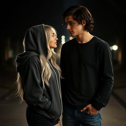 A captivating dark romance scene featuring a beautiful white girl with long hair wearing a cozy hoodie, standing close to a handsome white guy with dark, wavy hair