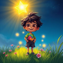 A vibrant scene featuring a mystical character named Ravi, who is a young, adventurous boy with bright, curious eyes and tousled hair
