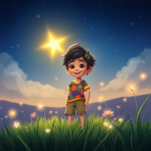 A vibrant scene featuring a mystical character named Ravi, who is a young, adventurous boy with bright, curious eyes and tousled hair