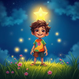 A vibrant scene featuring a mystical character named Ravi, who is a young, adventurous boy with bright, curious eyes and tousled hair
