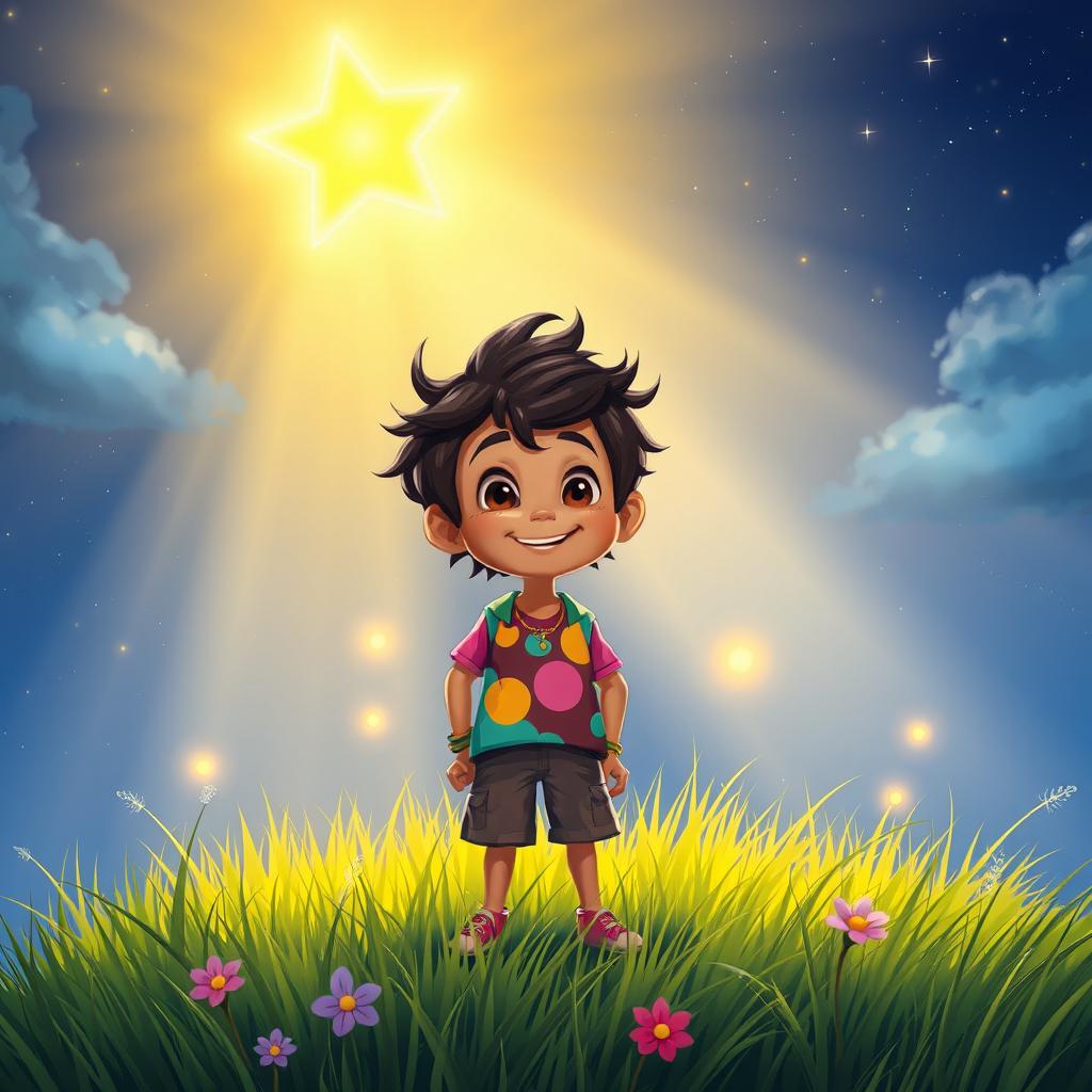 A vibrant scene featuring a mystical character named Ravi, who is a young, adventurous boy with bright, curious eyes and tousled hair