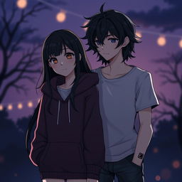 A captivating dark romance scene featuring a white girl with long dark hair, wearing a cozy hoodie