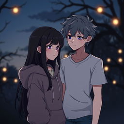 A captivating dark romance scene featuring a white girl with long dark hair, wearing a cozy hoodie