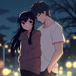 A captivating dark romance scene featuring a white girl with long dark hair, wearing a cozy hoodie