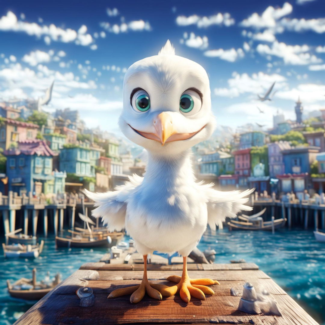 A Pixar-style scene with an enhanced, more expressive seagull perched on a wooden pier overlooking a lively seaside town.