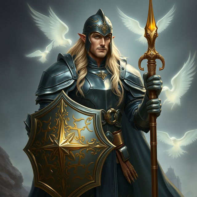 A tall male high elf with long blonde hair stands confidently in a fantastical realm, dressed in heavy plate armor