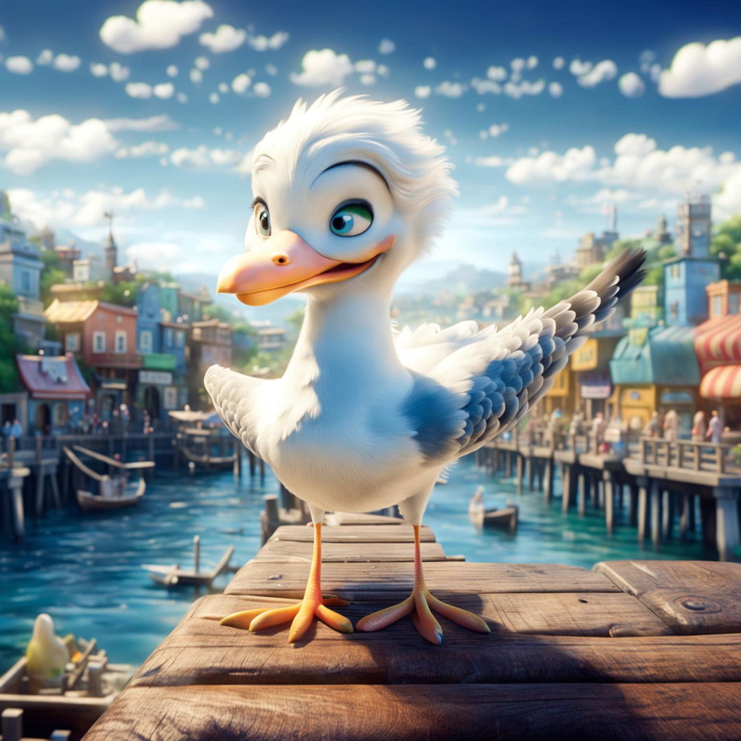 A classic Pixar-style scene with an expressive seagull on a wooden pier, overlooking a lively seaside town filled with Pixar-esque characters.