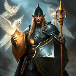 A tall male high elf with long blonde hair stands confidently in a fantastical realm, dressed in heavy plate armor