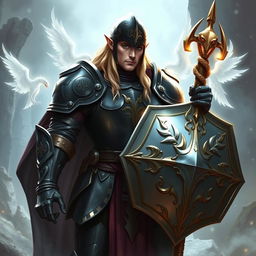 A tall male high elf with long blonde hair stands confidently in a fantastical realm, dressed in heavy plate armor
