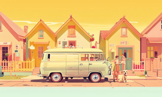 Wes Anderson-inspired poster featuring a yellow family van on a pastel-colored suburban street under sunshine. Family members display mixed emotions around the scene.