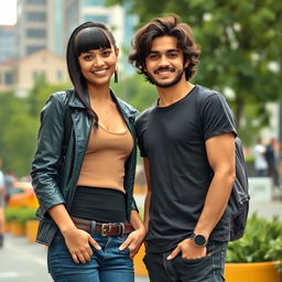 A 25-year-old tall female with a sleek Velma haircut, wearing a stylish outfit that includes a fitted top and jeans