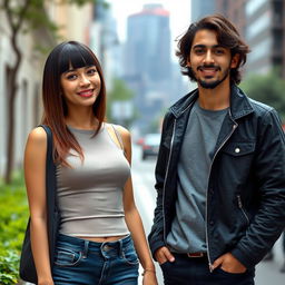 A 25-year-old tall female with a sleek Velma haircut, wearing a stylish outfit that includes a fitted top and jeans