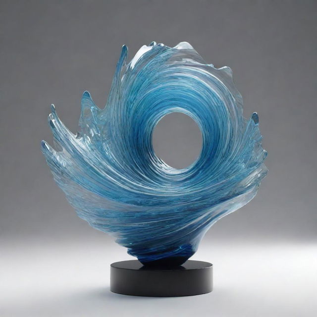 3D rendered abstract glass sculpture modeled to resemble levitating, chaotic waves, with elements of quantum wave tracking, applied with style 350.