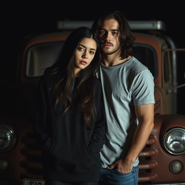 A dark romance scene with a white girl featuring long dark hair, dressed in a stylish hoodie, standing close to a white guy who has dark wavy hair