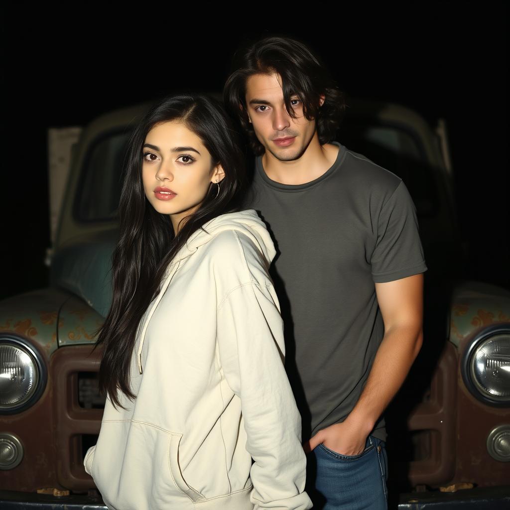 A dark romance scene with a white girl featuring long dark hair, dressed in a stylish hoodie, standing close to a white guy who has dark wavy hair