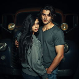 A dark romance scene with a white girl featuring long dark hair, dressed in a stylish hoodie, standing close to a white guy who has dark wavy hair