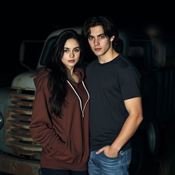 A dark romance scene with a white girl featuring long dark hair, dressed in a stylish hoodie, standing close to a white guy who has dark wavy hair