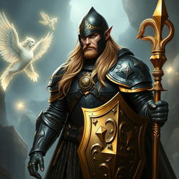 A tall male high elf with long blonde hair stands confidently in a fantasy realm, clad in heavy plate armor