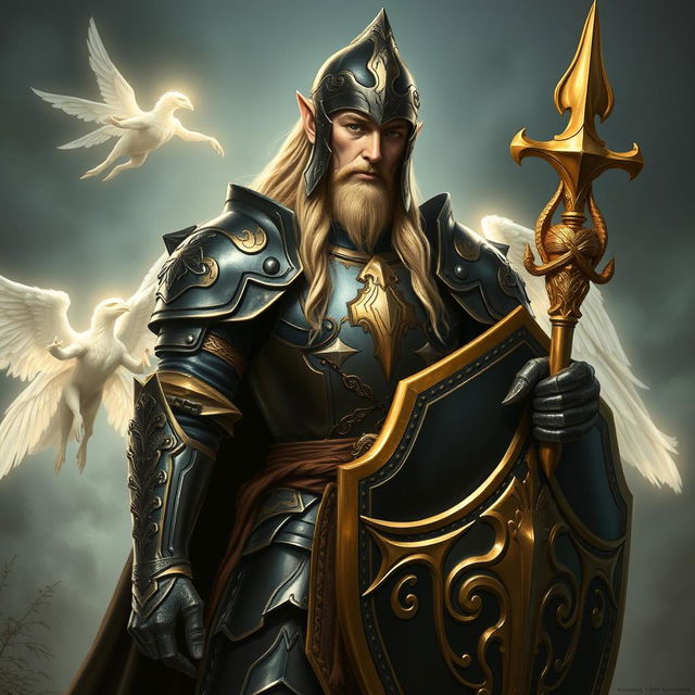 A tall male high elf with long blonde hair stands confidently in a fantasy realm, clad in heavy plate armor