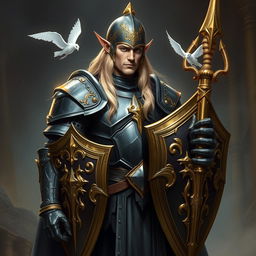 A tall male high elf with long blonde hair stands confidently in a fantasy realm, clad in heavy plate armor