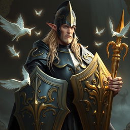 A tall male high elf with long blonde hair stands confidently in a fantasy realm, clad in heavy plate armor