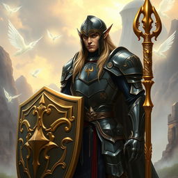 A tall male high elf with long blonde hair stands confidently in a breathtaking fantasy realm, clad in heavy plate armor