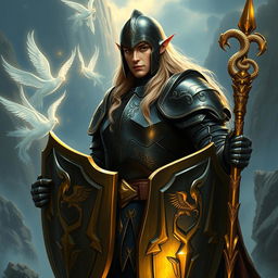 A tall male high elf with long blonde hair stands confidently in a breathtaking fantasy realm, clad in heavy plate armor