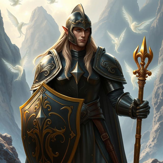 A tall male high elf with long blonde hair stands confidently in a breathtaking fantasy realm, clad in heavy plate armor