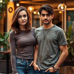 A 25-year-old tall white female with a stylish Velma bob haircut in a rich brown color, standing alongside a young Iranian man with wavy hair and a well-groomed mustache