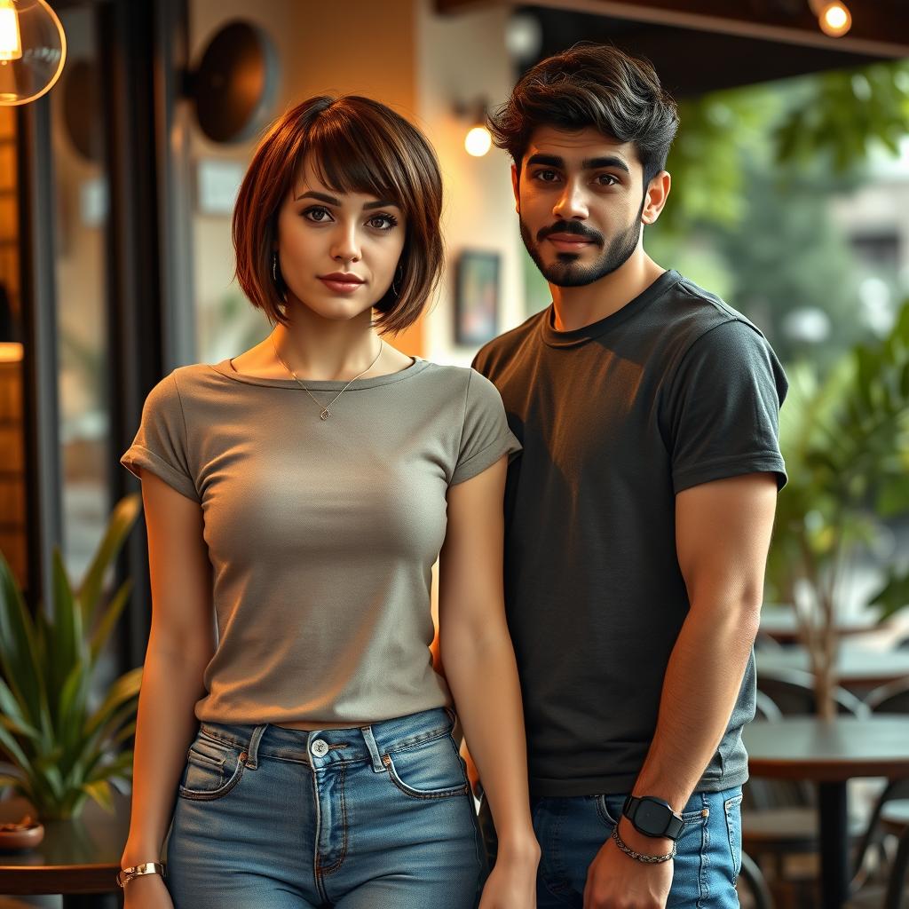 A 25-year-old tall white female with a stylish Velma bob haircut in a rich brown color, standing alongside a young Iranian man with wavy hair and a well-groomed mustache