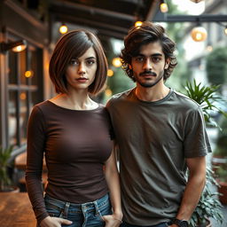 A 25-year-old tall white female with a stylish Velma bob haircut in a rich brown color, standing alongside a young Iranian man with wavy hair and a well-groomed mustache
