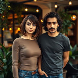 A 25-year-old tall white female with a stylish Velma bob haircut in a rich brown color, standing alongside a young Iranian man with wavy hair and a well-groomed mustache