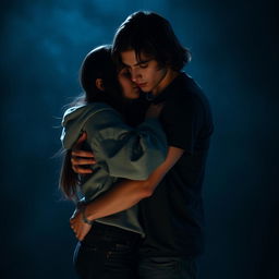 A touching dark romance scene featuring a white girl with long dark hair, dressed in a casual hoodie, embracing a white guy with dark wavy hair who is wearing jeans and a t-shirt