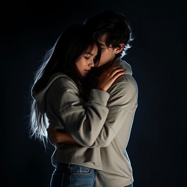 A touching dark romance scene featuring a white girl with long dark hair, dressed in a casual hoodie, embracing a white guy with dark wavy hair who is wearing jeans and a t-shirt