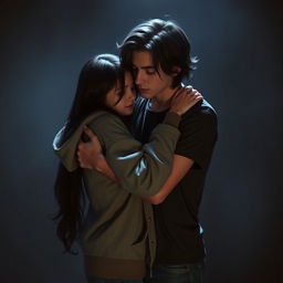 A touching dark romance scene featuring a white girl with long dark hair, dressed in a casual hoodie, embracing a white guy with dark wavy hair who is wearing jeans and a t-shirt