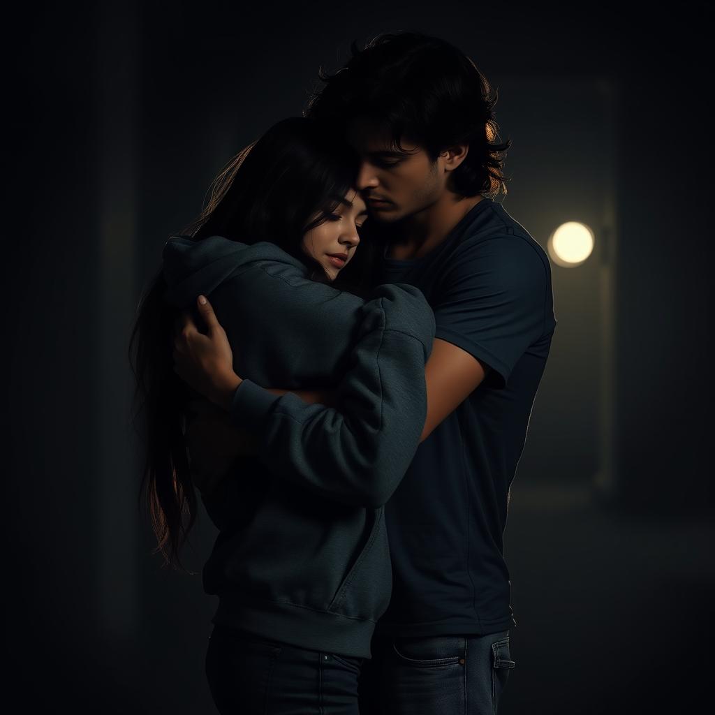 A touching dark romance scene featuring a white girl with long dark hair, dressed in a casual hoodie, embracing a white guy with dark wavy hair who is wearing jeans and a t-shirt