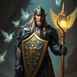 A tall male high elf with long blonde hair stands confidently in a vibrant fantasy realm, dressed in heavy, intricately designed plate armor
