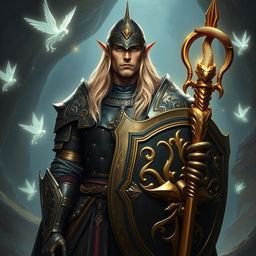 A tall male high elf with long blonde hair stands confidently in a vibrant fantasy realm, dressed in heavy, intricately designed plate armor