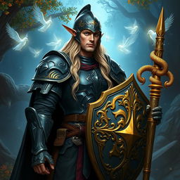 A tall male high elf with long blonde hair stands confidently in a vibrant fantasy realm, dressed in heavy, intricately designed plate armor