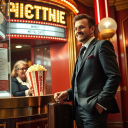 A well-dressed man in a tailored suit stands at the theater box office, holding a briefcase in one hand and a ticket purchase in the other