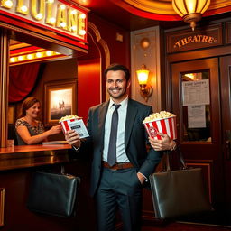 A well-dressed man in a tailored suit stands at the theater box office, holding a briefcase in one hand and a ticket purchase in the other