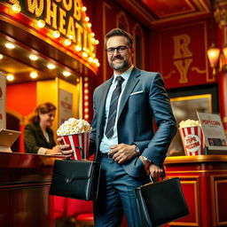 A well-dressed man in a tailored suit stands at the theater box office, holding a briefcase in one hand and a ticket purchase in the other