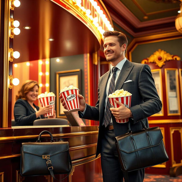 A well-dressed man in a tailored suit stands at the theater box office, holding a briefcase in one hand and a ticket purchase in the other