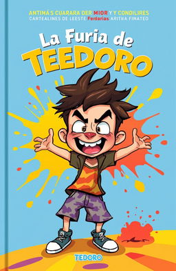 A captivating book cover illustration featuring a whimsical character named Teodoro, depicted as a young boy with a wild expression, showcasing a burst of energy and emotion