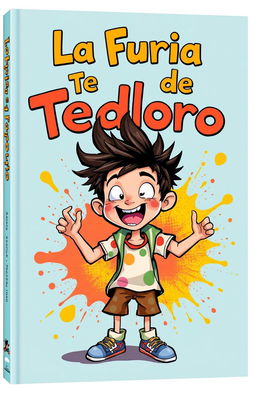 A captivating book cover illustration featuring a whimsical character named Teodoro, depicted as a young boy with a wild expression, showcasing a burst of energy and emotion