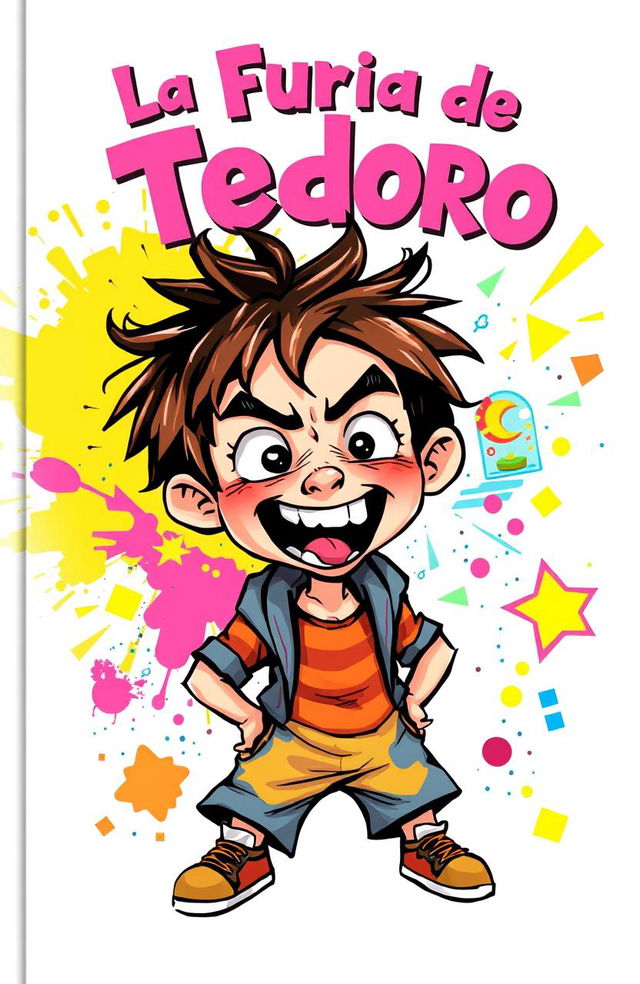 A captivating book cover illustration featuring a whimsical character named Teodoro, depicted as a young boy with a wild expression, showcasing a burst of energy and emotion