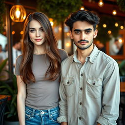 A 21-year-old tall white female with a stylish Velma haircut in rich brown, standing confidently next to a young Iranian man with wavy hair and a well-groomed mustache