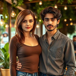 A 21-year-old tall white female with a stylish Velma haircut in rich brown, standing confidently next to a young Iranian man with wavy hair and a well-groomed mustache