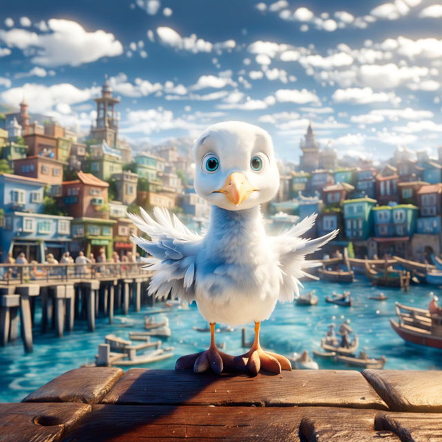 A scene straight out of a classic Pixar movie, featuring an expressive seagull on a wooden pier, with a lively seaside town filled with Pixar-esque characters in the background.