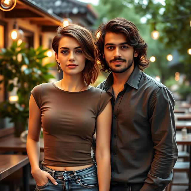 A 21-year-old tall white female with a stylish Velma haircut in rich brown, standing confidently next to a young Iranian man with wavy hair and a well-groomed mustache